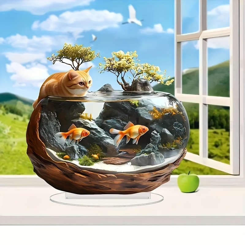 1pc 2D Flat   Plane Vintage Style  Acrylic Greedy Cat Aquarium Tabletop Decoration Animal The