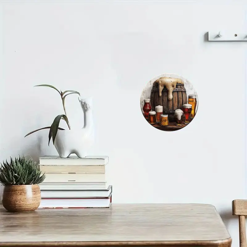 1pc Room Decor Vintage Wooden Barrel Aluminum Wall Sign 8-Inch Round Foil Engraving Art Decor with O