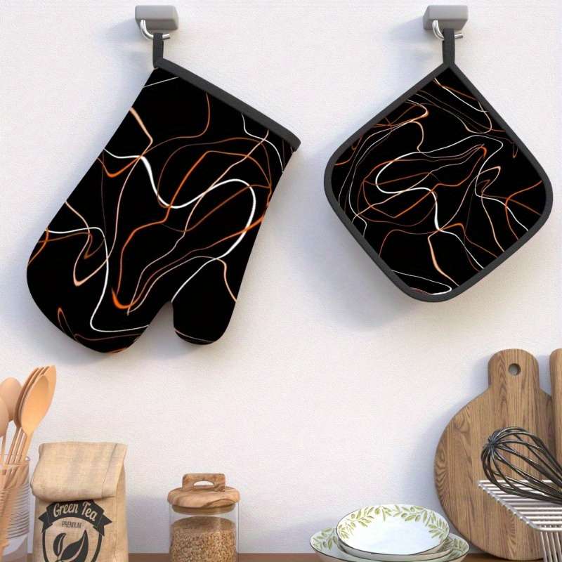 2pcs Oven Mitts 26.92x17.02 cm Heat Resistant Pot Holders with Stylish Black Orange Abstra