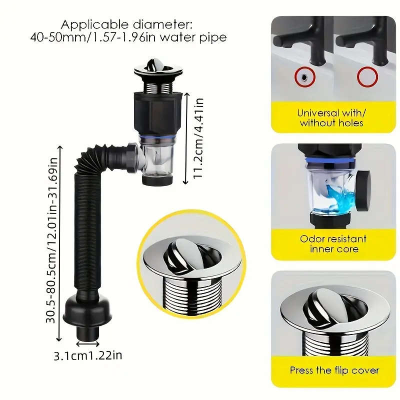 1pc Odor-Resistant Bathroom Sink Drain Kit with Expandable P-Type Elbow Durable Stainless Steel ABS