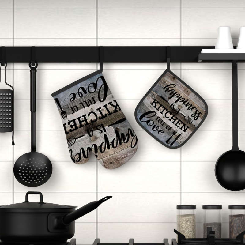 2pcs Heat Resistant Oven Mitts 2pcs Rustic Wooden Design Polyester Oven Mitts and Pot Holders