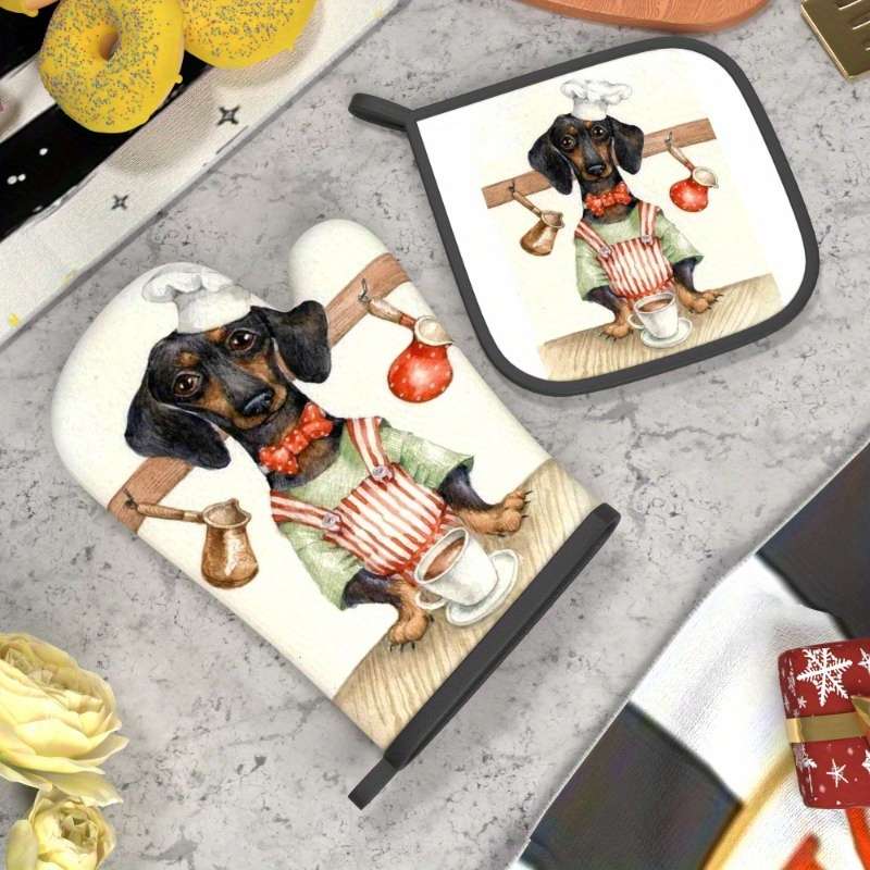 2pcs Cute Dog Chef Cartoon Oven Mitts and Pot Holders Heat Resistant Polyester Machine Wash