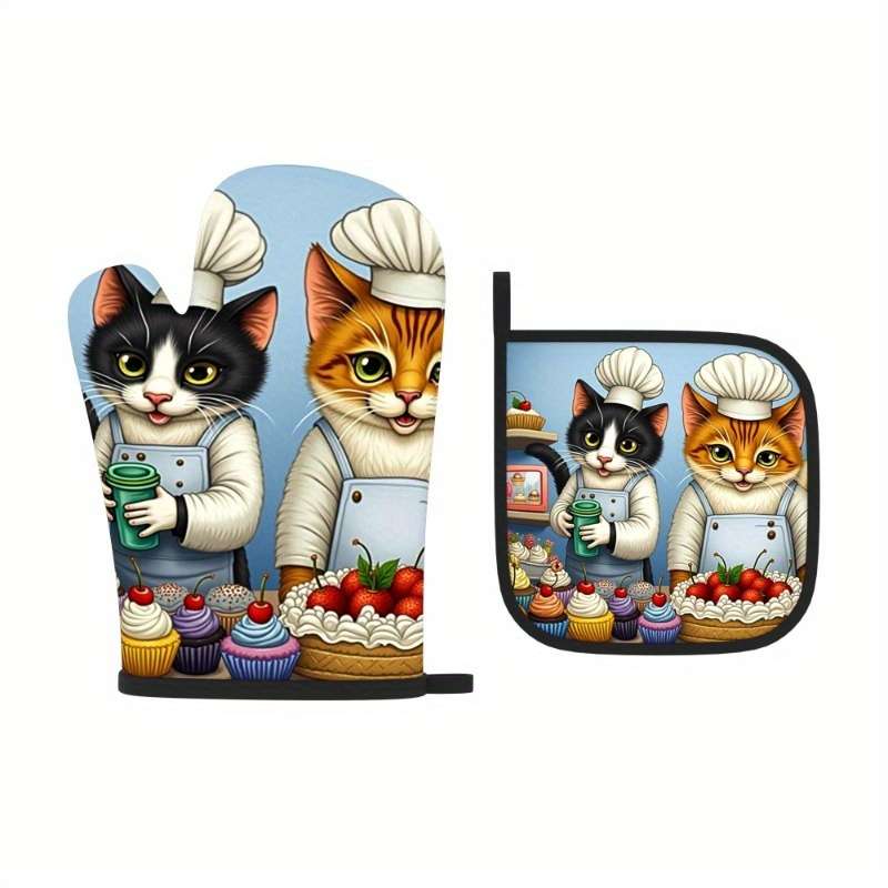 2pcs Cute Cat Chef Oven Mitts Heat Resistant 10.6x6.7 Inch Polyester Kitchen Gloves for Cook