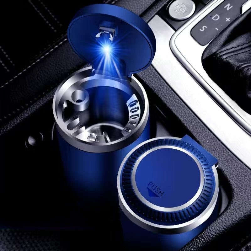 1pc LED Car Ashtray with Push-to-Open Cover Anti-Splash Metal Liner Durable Plastic Constructio