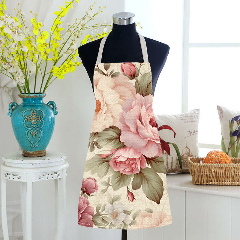 1pc Elegant Floral Linen Apron Peony Blossom Print Lightweight Durable for Cooking Baki