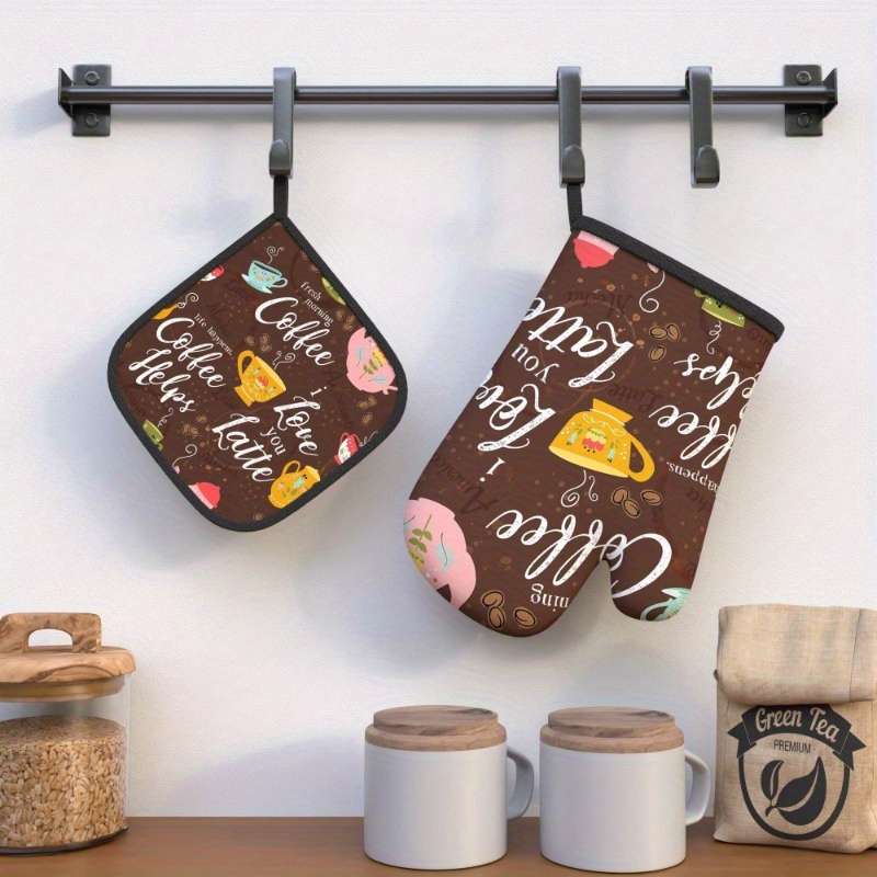 2pcs Vintage Coffee Pastry Design Oven Mitts and Pot Holders 26.92x17.02 cm Heat Resistant