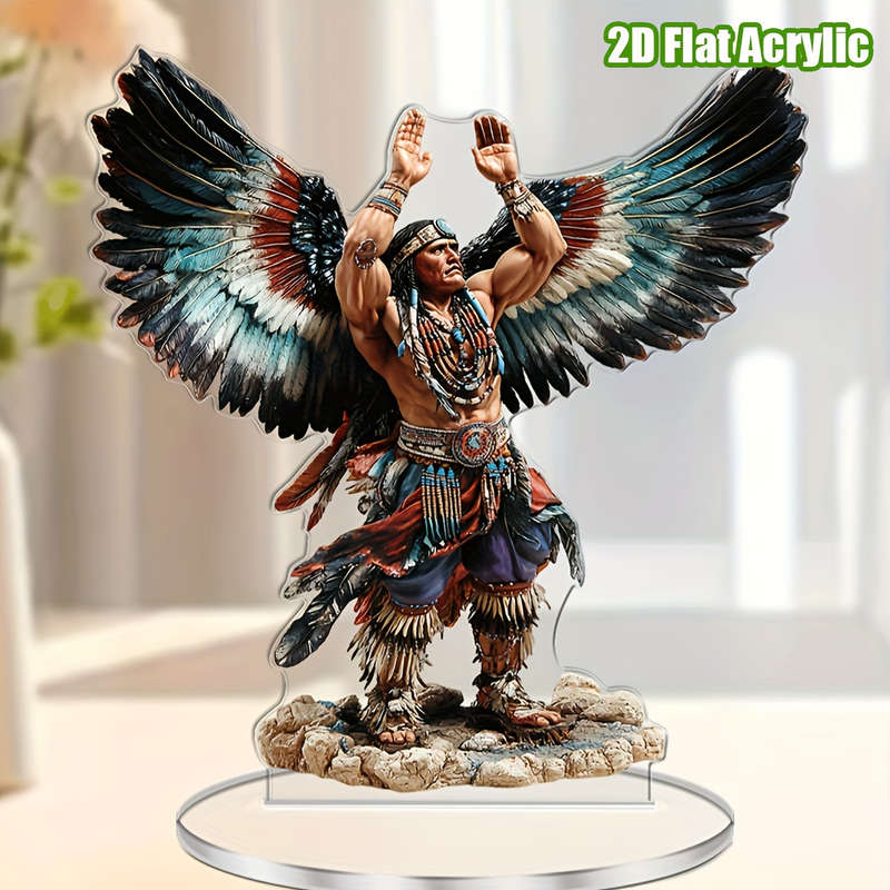 1pc 2D Flat  Acrylic Native American Warrior Figure with Vibrant Feathered Wings Inspirational Boh
