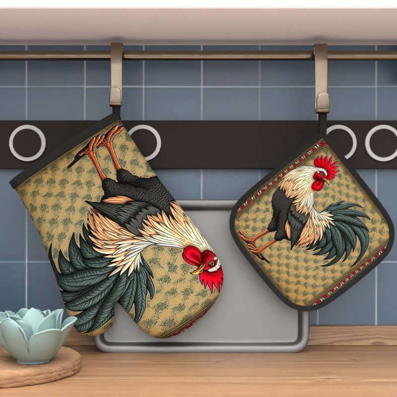 2pcs 26.92x17.02 cm Heat-Resistant Oven Mitts and Pot Holders Vibrant Rooster Design Durable