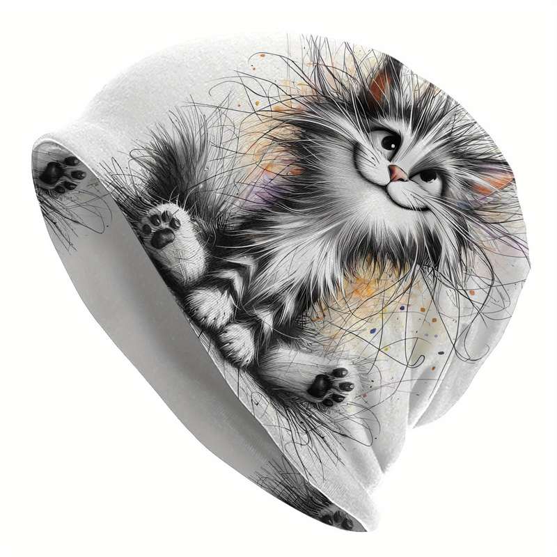 1pc Fashionable Cat-Themed Beanie for Men Stretchy Spandex Polyester Knit Novelty Skull Cap