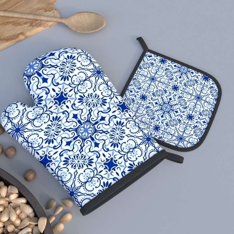 2pcs Blue White Porcelain Pattern Oven Mitts Heat Resistant Decorative Kitchen Gloves for