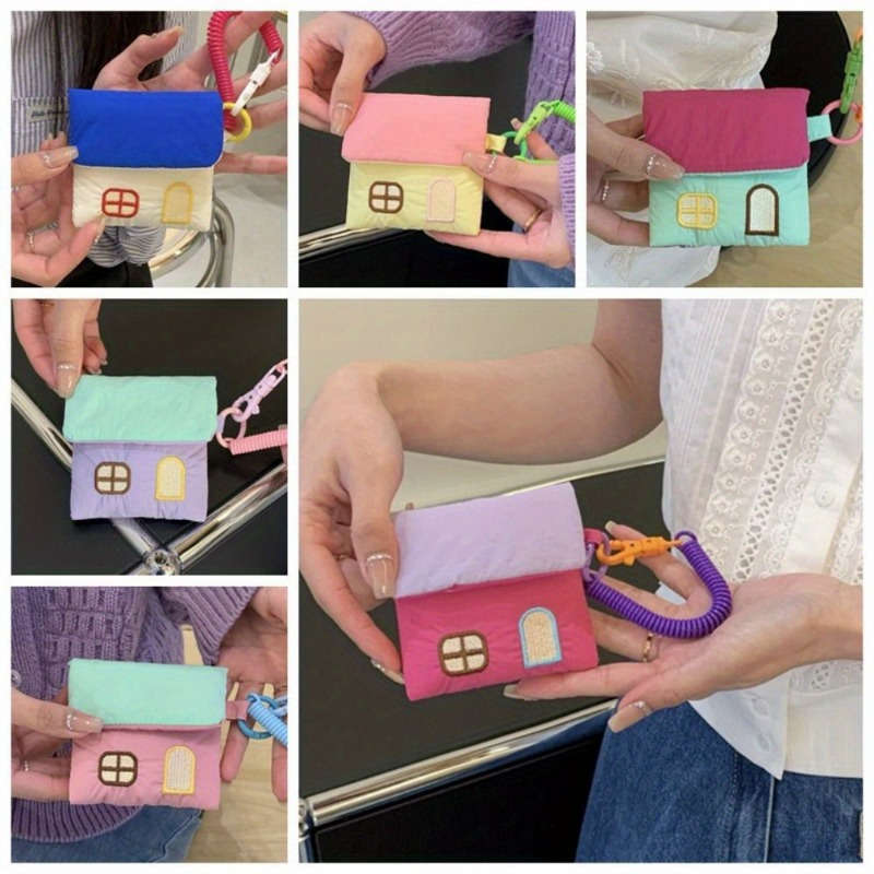 1pc Cute House-Shaped Keychain Pouch Mini Polyester Storage Bag with Rope Closure Pastel Colors