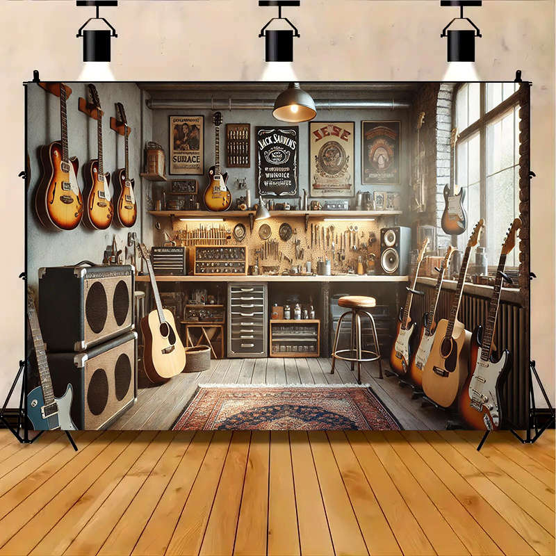 1pc  Cozy Vintage Music Garage Workspace Polyester Banner 243.84x182.88cm Ideal for Studio H