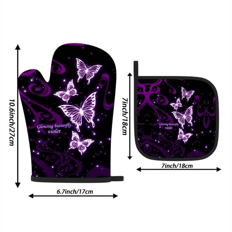2pcs Purple Dream Butterfly Polyester Oven Mitts Heat Resistant Pot Holders Machine Washable