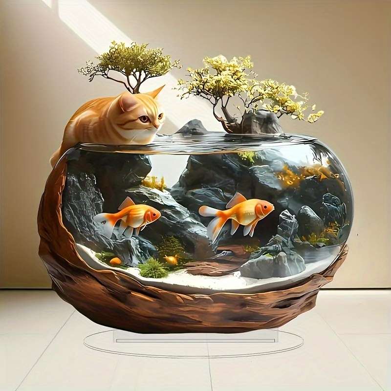 1pc 2D Flat   Plane Vintage Style  Acrylic Greedy Cat Aquarium Tabletop Decoration Animal The
