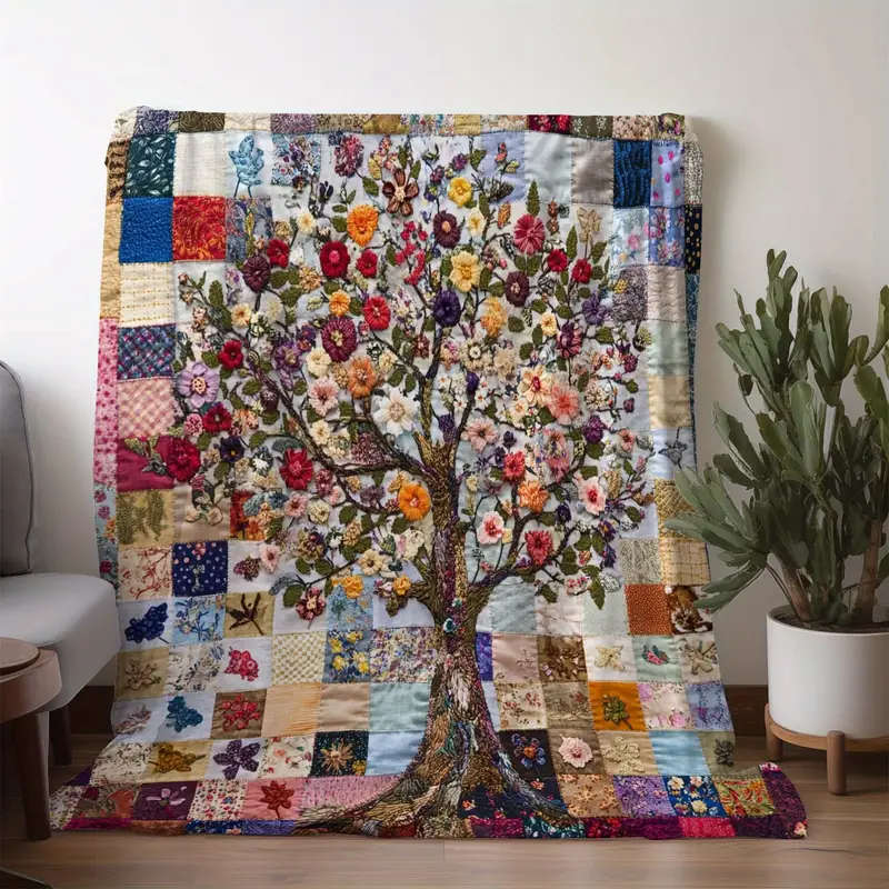 1pc Colorful Floral Tree Patchwork Flannel Quilt 130*150cm