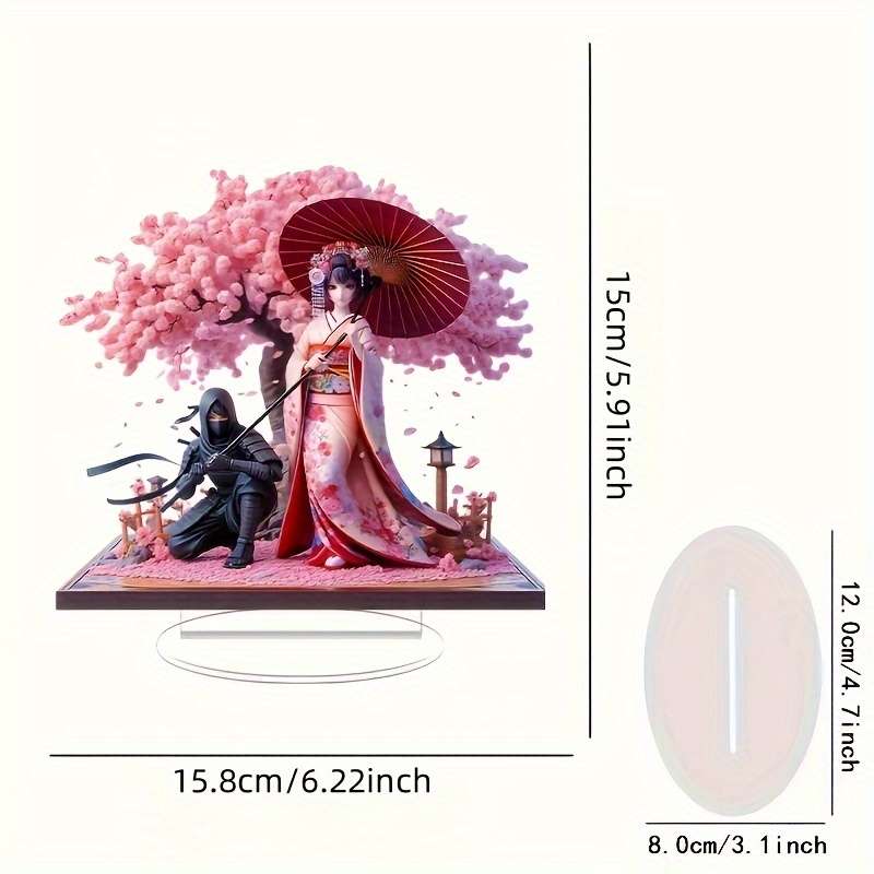 1pc 2D Flat  Design Acrylic Tabletop Statue Anime Style Cherry Blossom Tree with Ninja Phantom Vi