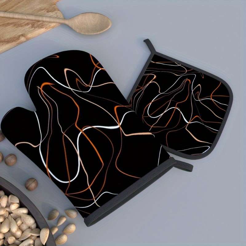 2pcs Oven Mitts 26.92x17.02 cm Heat Resistant Pot Holders with Stylish Black Orange Abstra