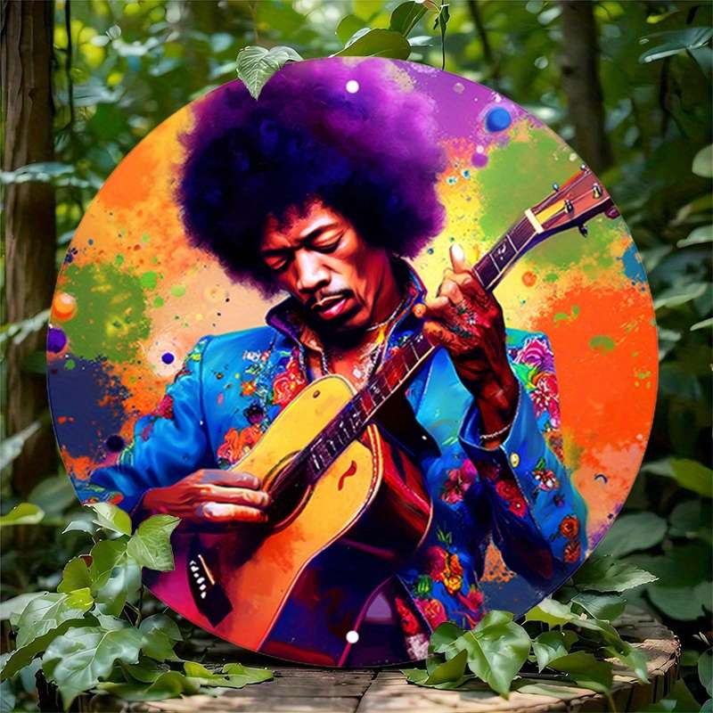 1pc Vibrant Jimi Hendrix-Inspired Metal Wall Art Round Decor Sign with Splattered Paint Design 1