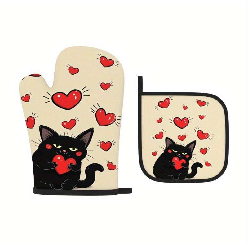 2pcs 26.92x17.02 cm Heat Resistant Oven Mitts And Potholders Fun Creative Picture Cat Holding R