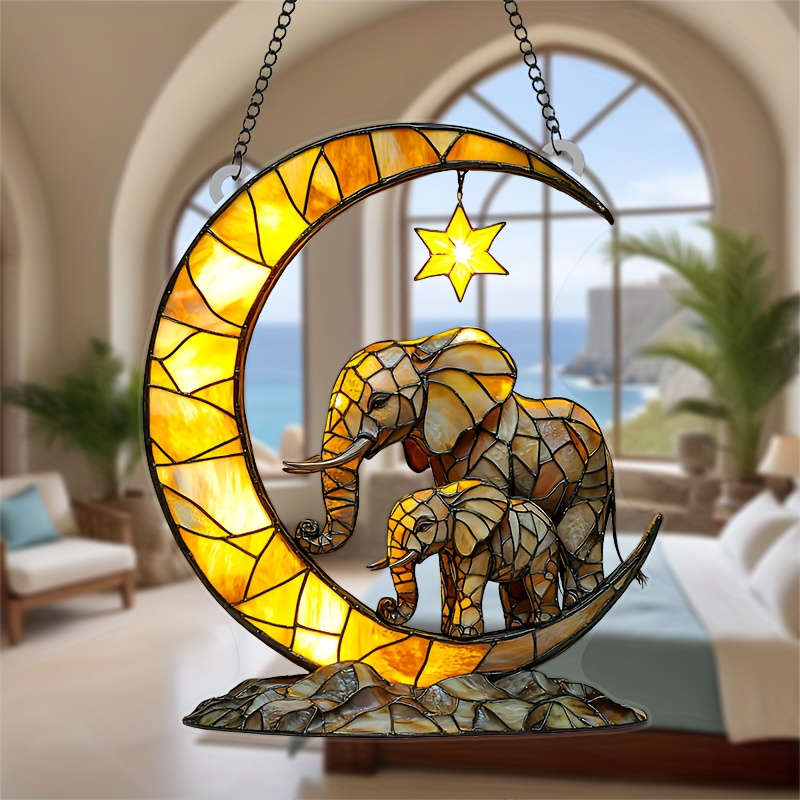 1pc 2D Flat  17.78cm x 20.32cm Acrylic Moon Star Elephant Family Wall Art Vibrant Stained Glass