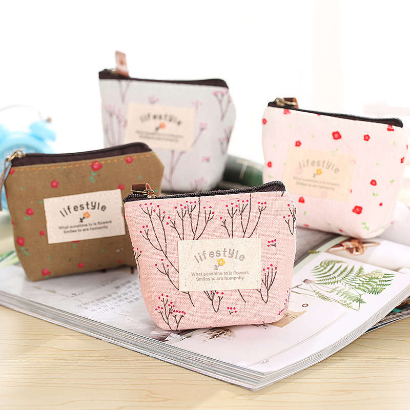 1pc Chic Floral Canvas Coin Purse Key Pouch Compact Zippered Wallet with Earphone Storage Ligh