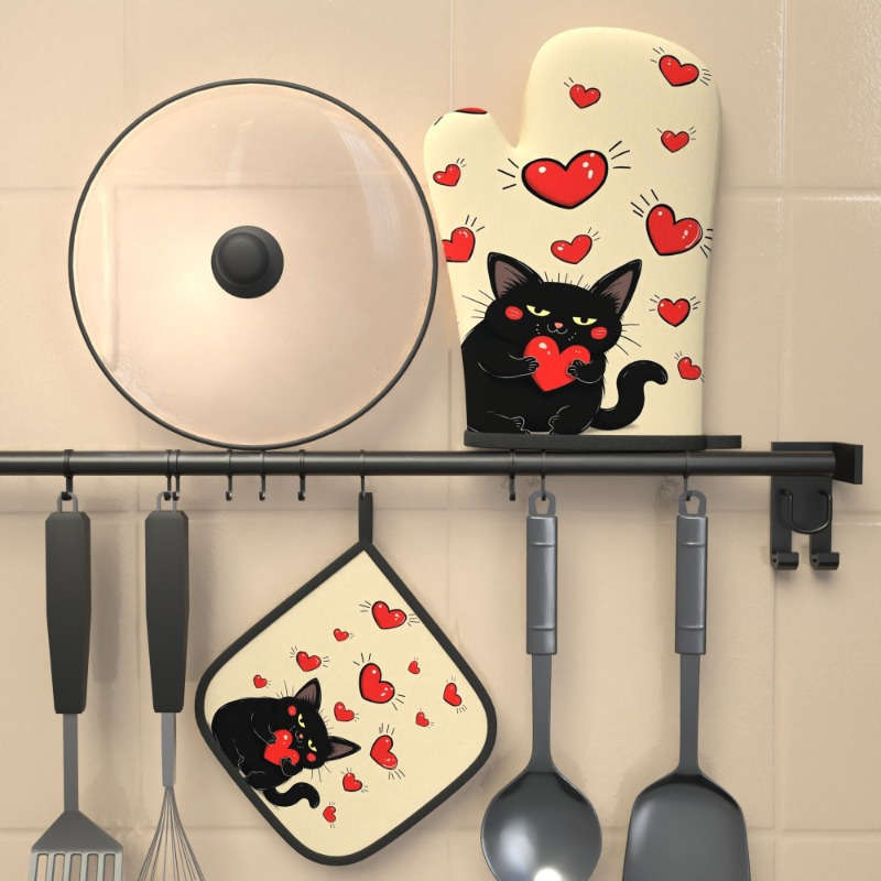 2pcs 26.92x17.02 cm Heat Resistant Oven Mitts And Potholders Fun Creative Picture Cat Holding R