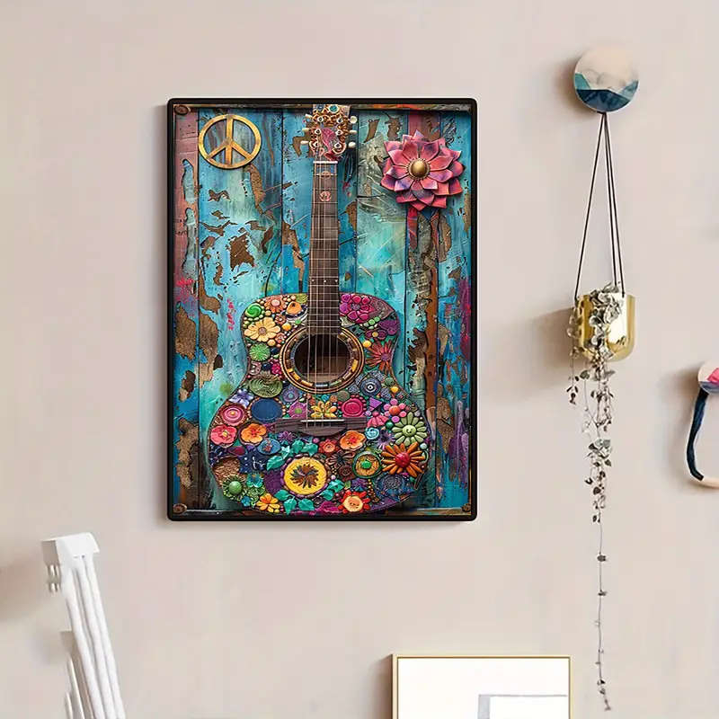 1pc Boho Chic Vintage Guitar Canvas Art Print Colorful Hippie Style Wall Decor Unframed Poster for H