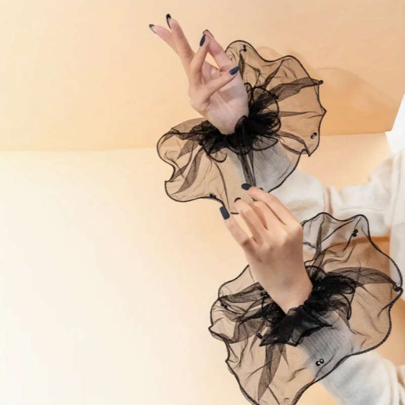 1 Pair Black Beaded Lace Cuff Gloves