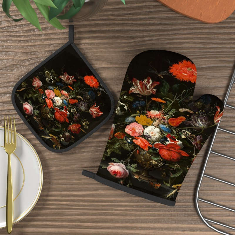 2pcs Floral Oven Mitts Pot Holders Heat Resistant Decorative Kitchen Gloves with Vibrant R