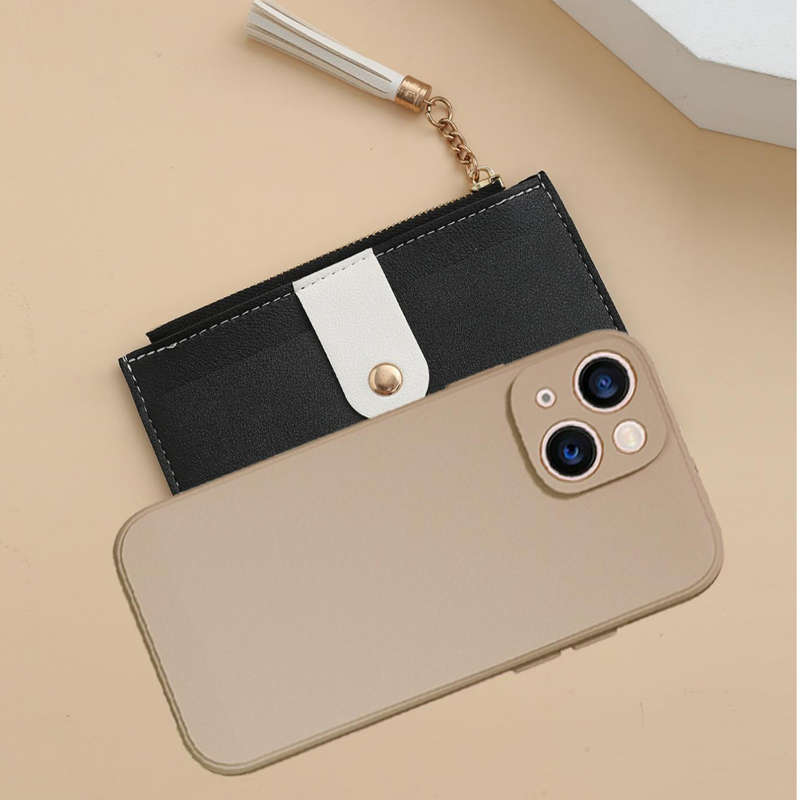 1pc Sleek Black Zipper Card Holder with Multiple Slots Tassel Charm Golden-Tone Accents C Li