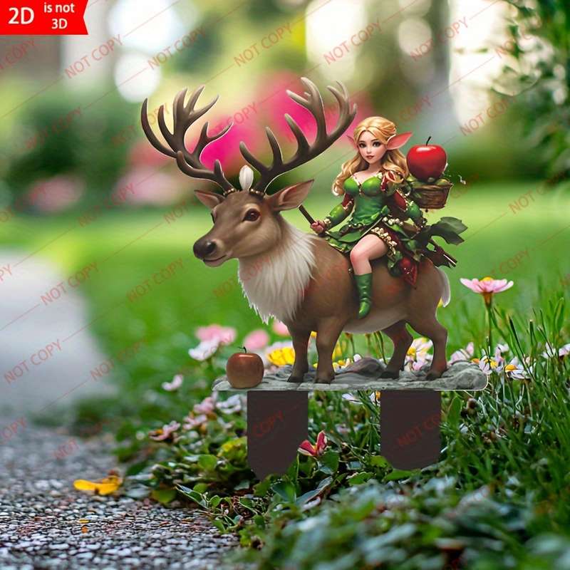 1pc 2D Flat  Farmhouse Style  Garden Lawn Ornament Girl Riding Deer with Apples Durable P