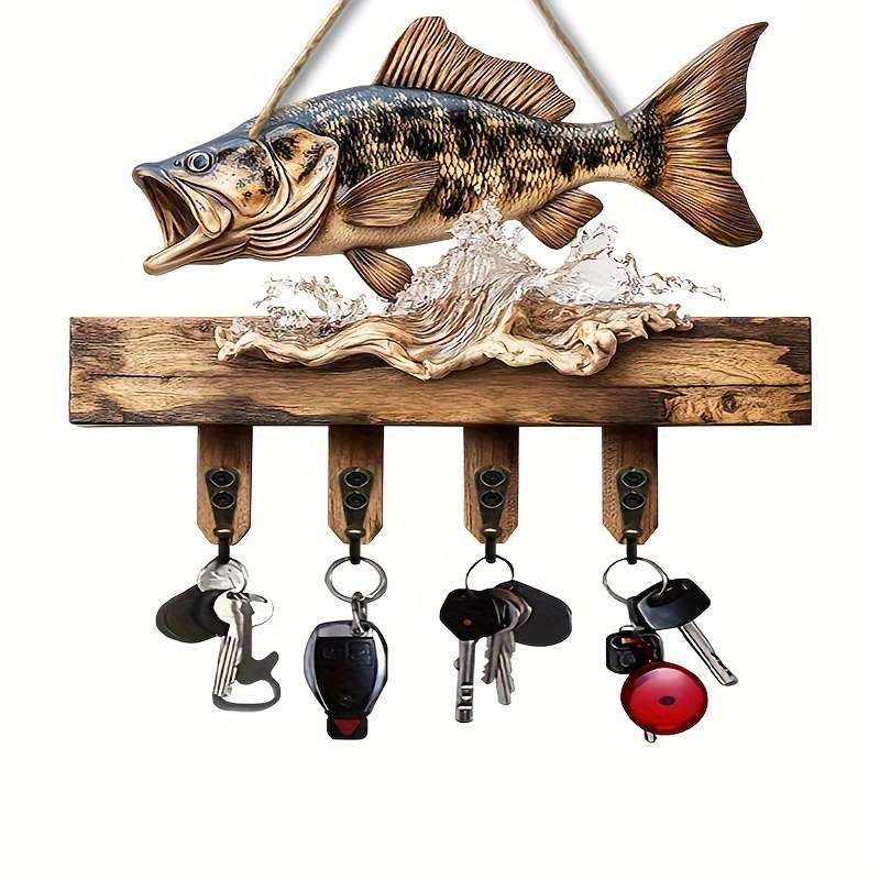 1 2D Jumping Fish Hook Decorative Rack Simple Colorful Wooden Home Key Hanger with Four Metal Hooks