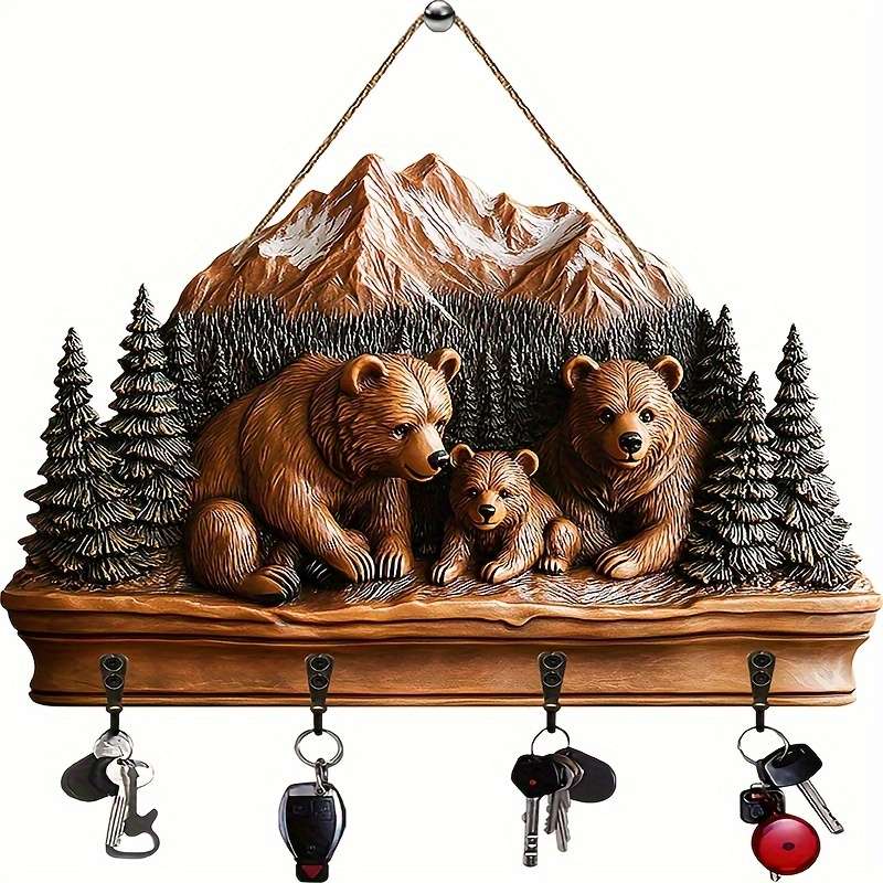 1pc Warm Forest Bear- Household Wooden Key Rack( 29.97cm x 24.99cm) with Four Metal Hooks- Multifu