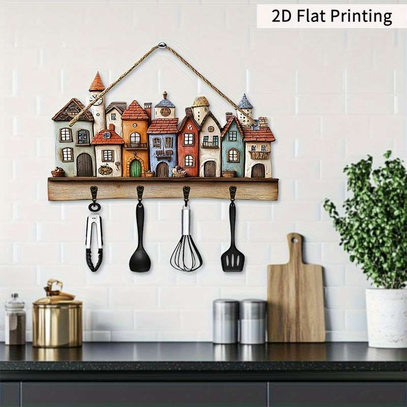 2D Flat Wooden TownhouseHome Wooden Key Holder 29.97 cm x 22.86 cm with Four Metal HooksMultif