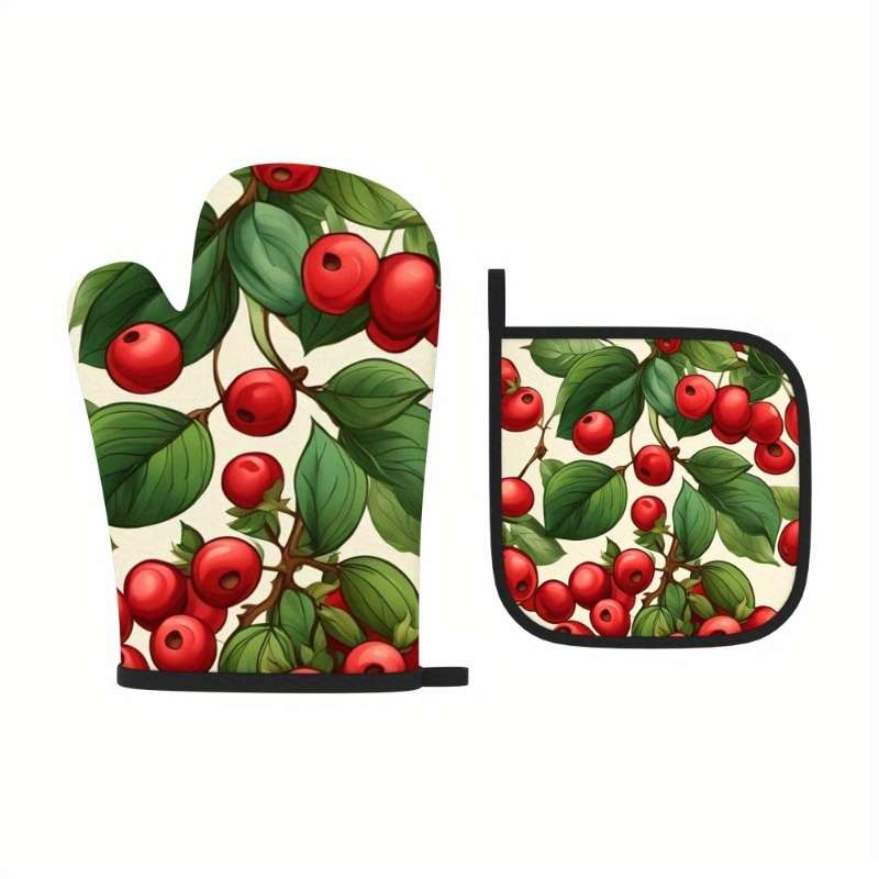 2pcs Heat-Resistant Oven Mitts Potholders Vibrant Red Berry Leaf Design 26.92x17.02 cm