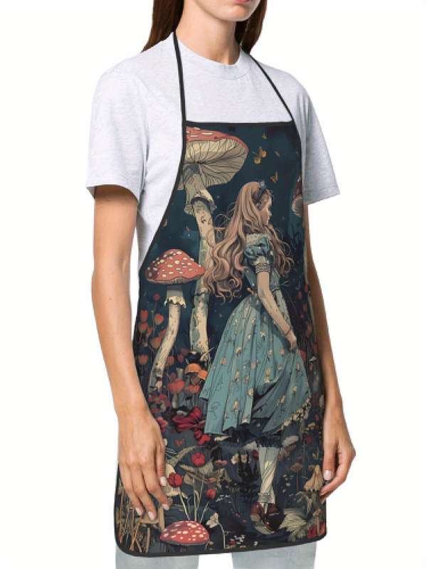 1pc Vintage Style Woven Polyester Apron 100% Polyester Fabric with Whimsical Mushroom and Floral