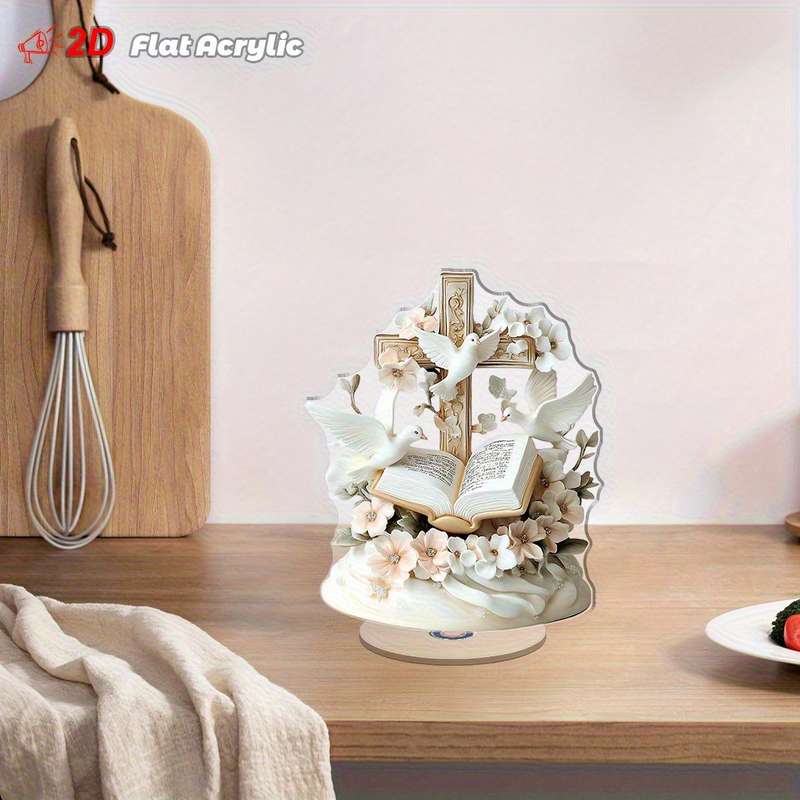 1pc 2D Flat  Acrylic 3D Cross Pendant with Doves Flowers and Open Bible Rotating Crystal Desktop