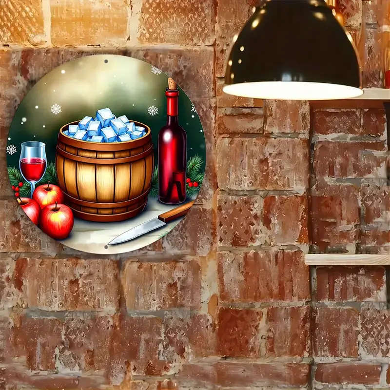 1pc Festive 20.32x20.32cm Round Aluminum Wreath Sign with Wooden Barrel Ice Design Perfect for Holid