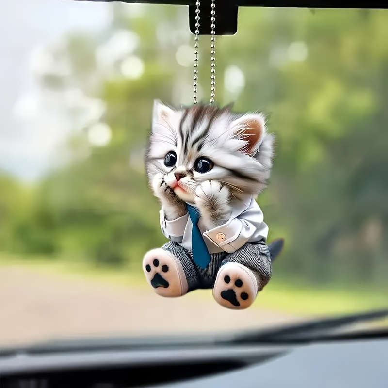 1pc 2D Flat  Adorable Shy Cat Acrylic Hanging Ornament Collectible Feline Memorial with Blue Shirt