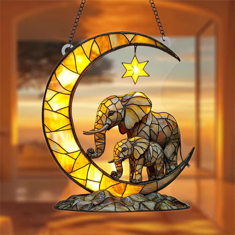 1pc 2D Flat  17.78cm x 20.32cm Acrylic Moon Star Elephant Family Wall Art Vibrant Stained Glass