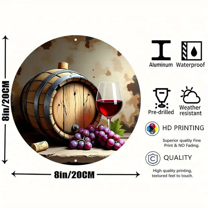 1pc 8-Inch Round Aluminum Sign Rustic Red Wine Wooden Barrel Design with Grapes Ideal for Holiday De