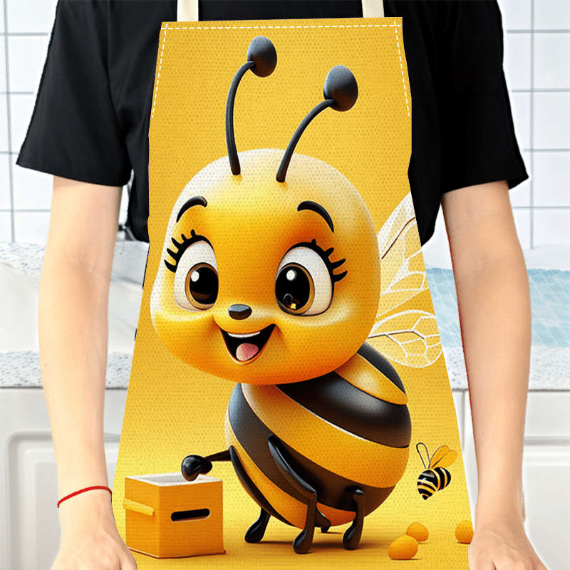 1pc Cartoon Bee Linen Apron 100% Linen Woven Fabric 192 Gsm Sleeveless Durable Kitchen Coo