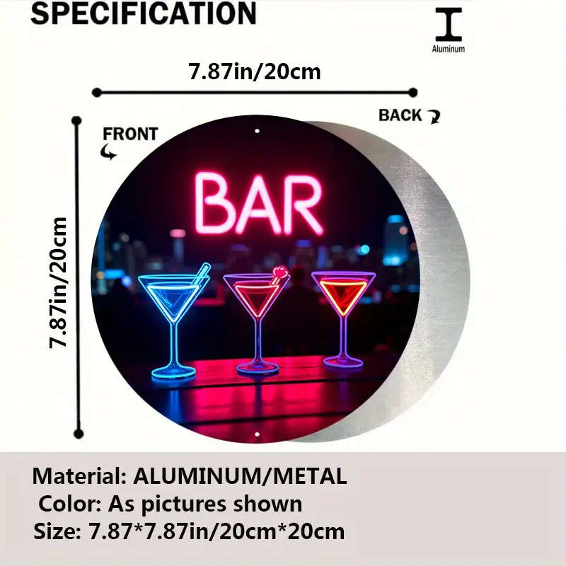 1pc Vintage Metal Sign Retro Neon Cocktail Glasses City Skyline in Background Vibrant Colors Dark Ur