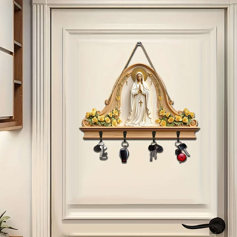 A Simple And Colorful Wooden Key Holder Featuring a Religious Prayer Equipped with Four Metal Hooks