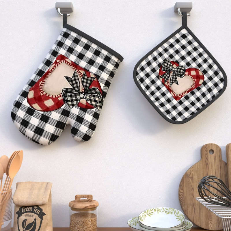 2pcs Valentine'S Day Romantic Plaid Love Oven Mitt Set 26.92x17.02 cm Heat Resistant Polyester