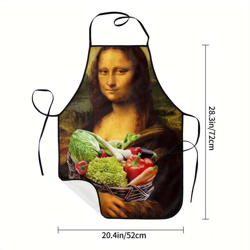 1pc Funny Mona Lisa Loves Vegetables Apron Humorous Artistic Design 100% Polyester Bib Apron