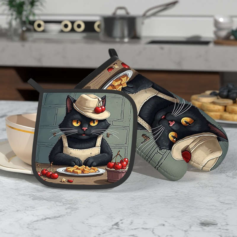 2pcs 26.92x17.02 cm Oven Mitts And Potholders Kitchen Style Black Cat Artistic Style Heat Resis