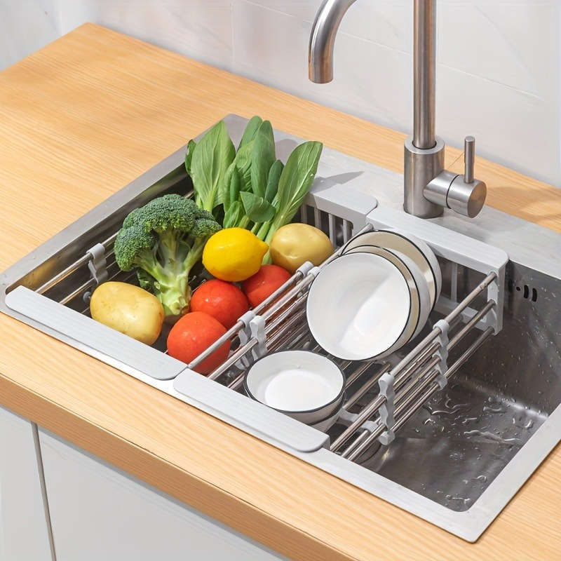 1pc Expandable Stainless Steel Over-The-Sink Dish Rack Drainer Basket Collapsible Kitchen Organ