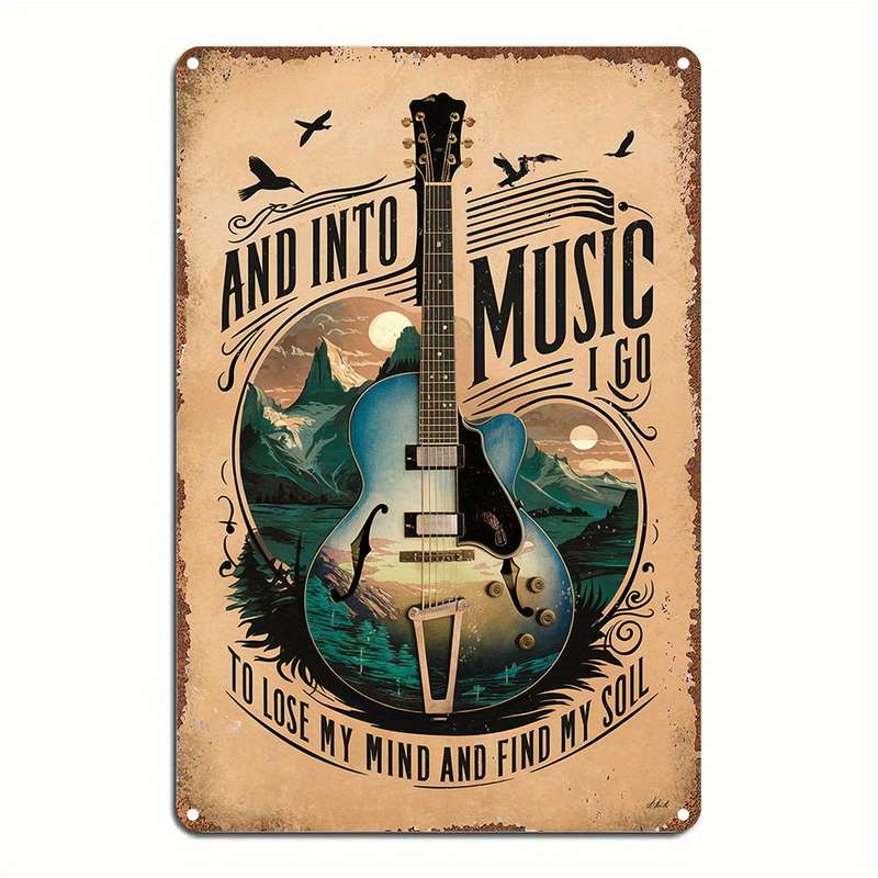 1pc  Vintage Guitar-Themed Aluminum Metal Sign Wall Art And Into Music I Go Lyrics Decorative