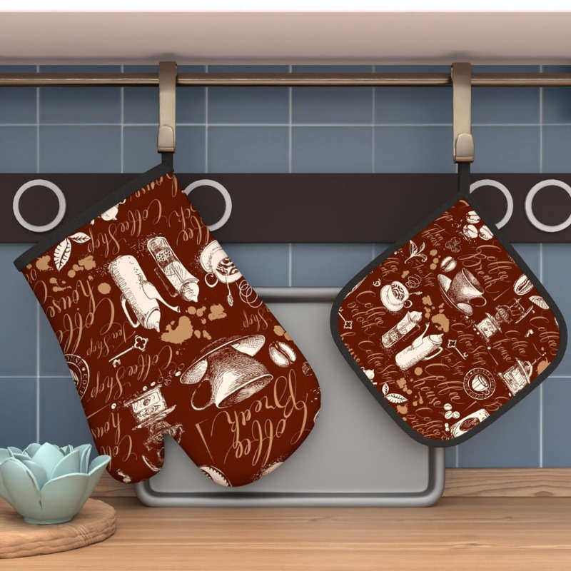 2pcs Vintage Coffee-Themed Heat-Resistant Oven Mitts Pot Holders 26.92x17.02 cm Brown with